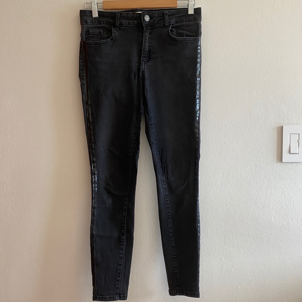 Zara Denim Pleather Detailed Black Jeans